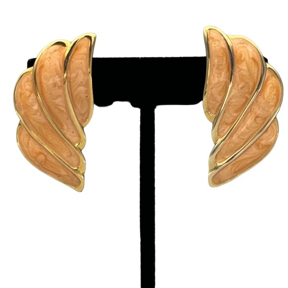 VINTAGE 80s Classic Glamour Gold & Peach Swirl Winged Thick Enamel Stud Earrings - Picture 3 of 8